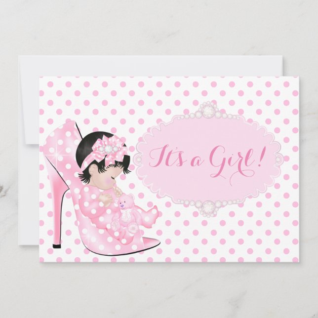Invitation Bébé fille Baby shower rose blanc Pois C (Devant)