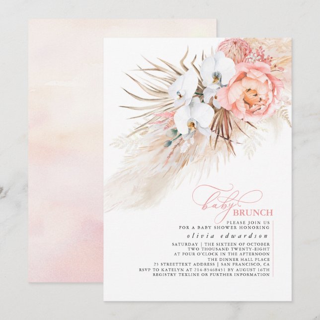 Invitation Bébé Fille Baby shower rose Floral Pampas Grass (Devant / Derrière)