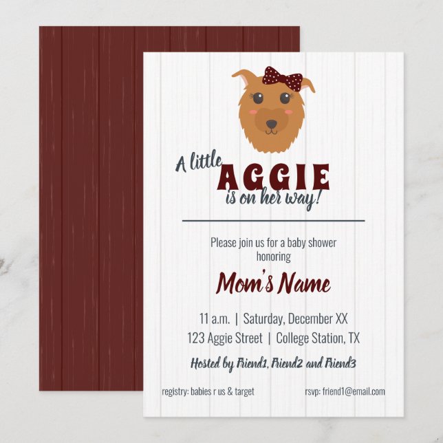 Invitation Bébé fille Chien Maroon Baby shower (Devant / Derrière)