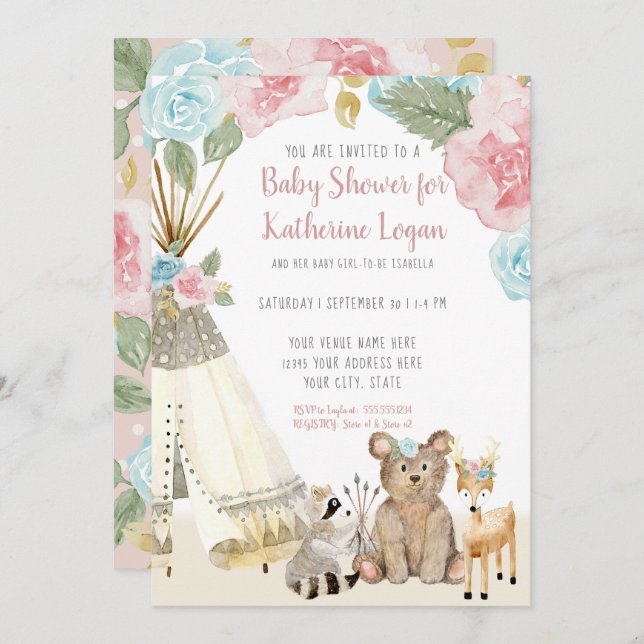 Invitation Bébé Fille Douche Bois Ours Cerf Floral Teepee (Devant / Derrière)