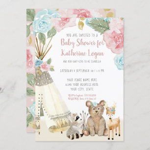 Invitation Bébé Fille Douche Bois Ours Cerf Floral Teepee