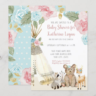 Invitation Bébé Fille Douche Bois Ours Cerf Floral Teepee