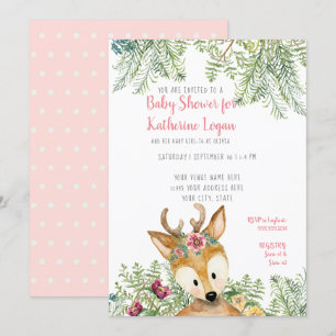 Invitation Bébé Fille Douche Forêt Boho Deer Floral