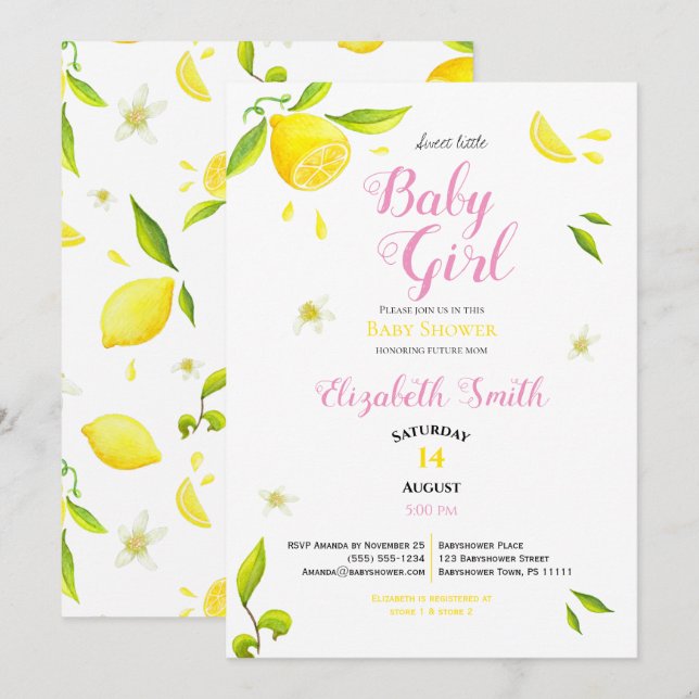 Invitation Bébé fille été printemps citron thème bébé douche (Devant / Derrière)