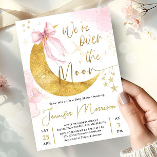 Invitation Bébé Fille Fête de Naissance Rose Gold Lune 