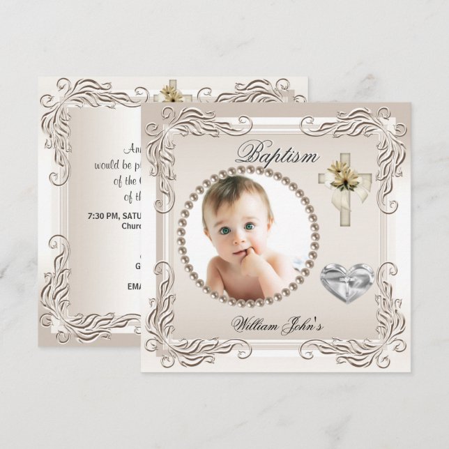 Invitation Bébé Fille Garçon Beige Crème Baptême (Devant / Derrière)