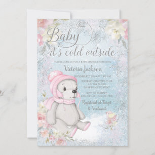 Invitation Bébé fille il fait froid dehors Ours Fête prénatal