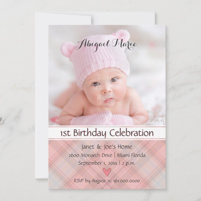 Invitation Bébé fille jolie en rose Plaid Anniversaire (Devant)