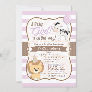 Invitation Bébé Fille Lion & Zebra Pastel Baby shower violet