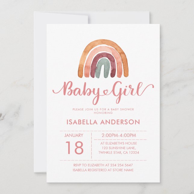 Invitation Bébé fille mignonne aquarelle Boho arc-en-ciel  (Devant)