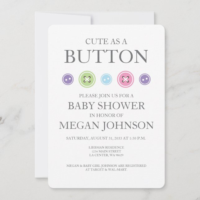 Invitation Bébé fille mignonne comme un bouton douche Invitat (Devant)