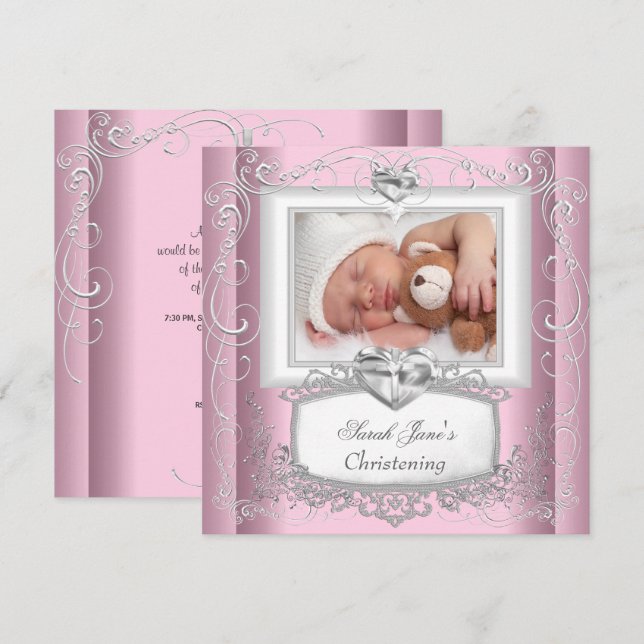 Invitation Bébé Fille rose Christening Baptême Croix blanche (Devant / Derrière)