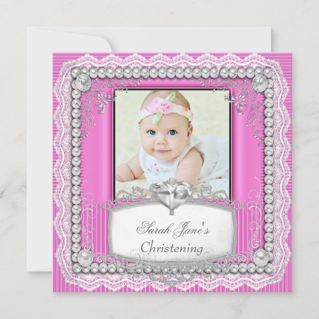 Invitation Bébé Fille rose Christening Baptême croix dentelle (Devant)