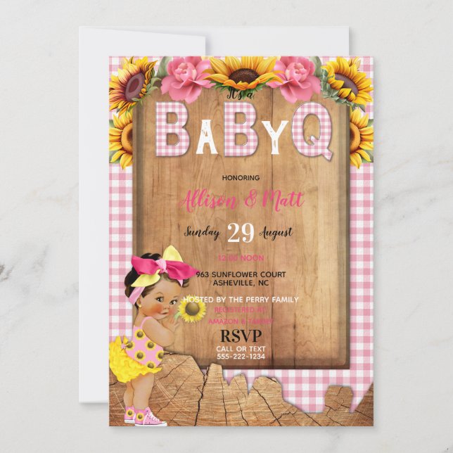 Invitation Bébé Fille rose Jaune Tournesol Bébé Q Barbecue (Devant)