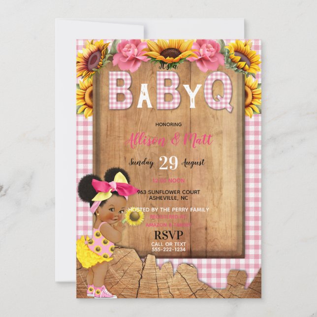 Invitation Bébé Fille rose Jaune Tournesol Bébé Q Barbecue (Devant)