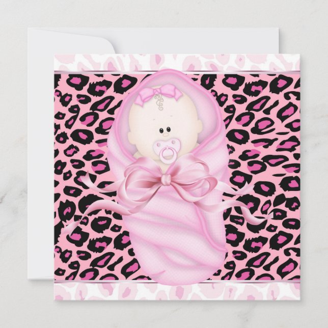 Invitation Bébé Fille rose Léopard noir bébé Fille Douche (Devant)