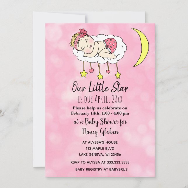 Invitation Bébé fille sur la lune rose Fête pour bébé fille (Devant)