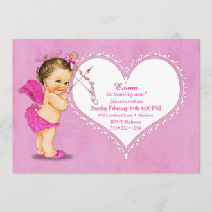 Invitation Bébé Fille Vintage Cupidon Ailes d'Ange Auréole Ro