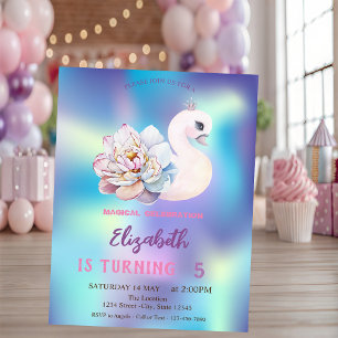 Invitation Bébé Fleur de cygne bleu Holographique Anniversair