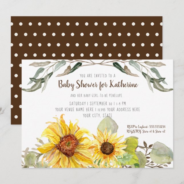 Invitation Bébé Fleur de tournesol à feuilles d'eucalyptus (Devant / Derrière)
