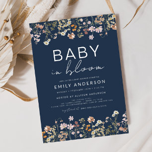 Invitation Bébé Fleur sauvage bleu marine dans le Baby shower