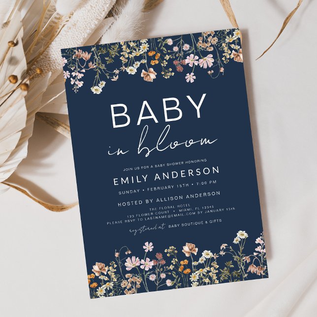 Invitation Bébé Fleur sauvage bleu marine dans le Baby shower (Créateur téléchargé)