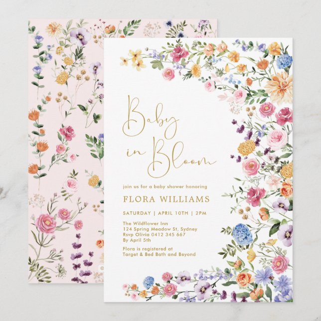 Invitation Bébé Fleur sauvage élégant en Fleur Douche fille (Devant / Derrière)