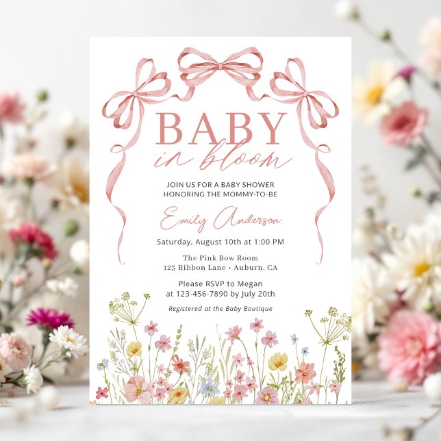 Invitation Bébé fleur sauvage en fleur Bow rose Fille Douche (Créateur téléchargé)