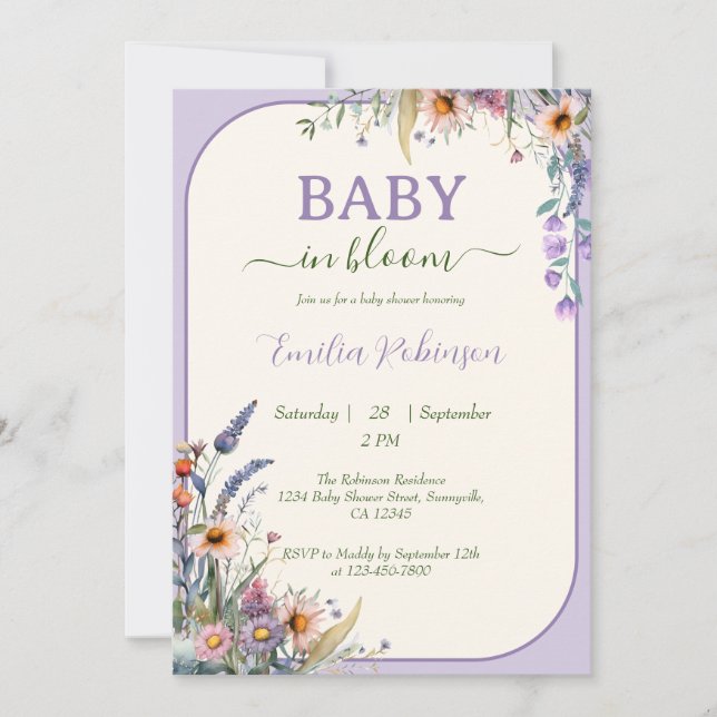 Invitation Bébé fleur sauvage En Fleur Dusty Violet Baby show (Devant)