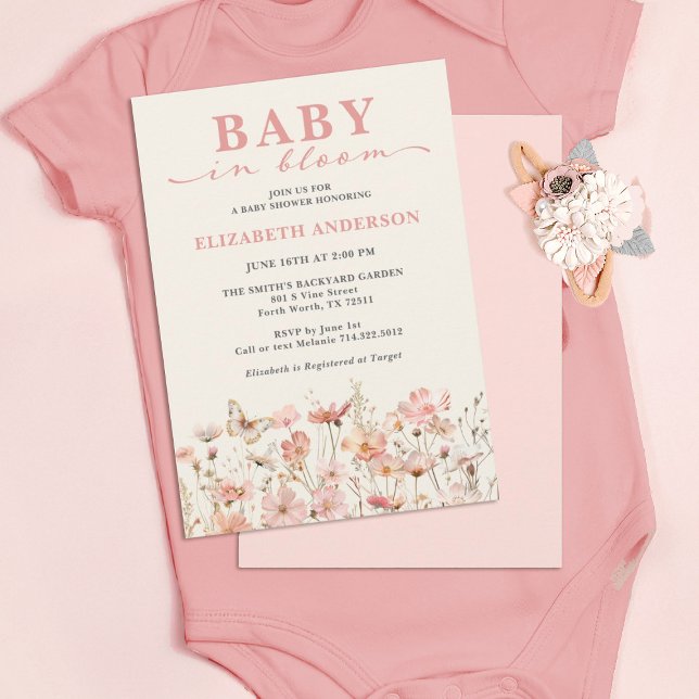 Invitation Bébé fleur sauvage en rose fleur (A cute baby in bloom floral girl baby shower invitation.)