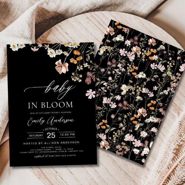 Invitation Bébé Fleur sauvage noir dans le Baby shower en fle (Créateur téléchargé)