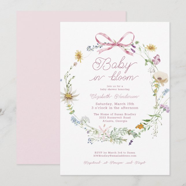 Invitation Bébé Fleur sauvage Rose Dans Baby shower Fleur (Devant / Derrière)