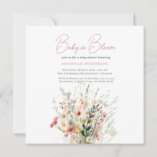 Invitation Bébé Fleur sauvage rose mou dans le Baby shower en (Devant)