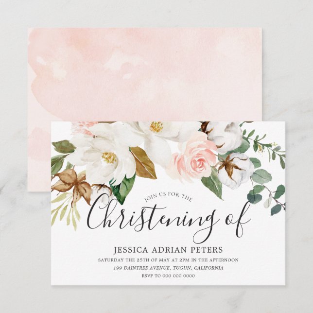 Invitation Bébé floral blanc et flou fille Christening Baptêm (Devant / Derrière)