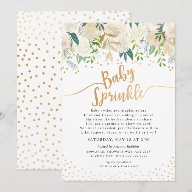 Invitation Bébé Floral blanc saupoudrer l'invitation (Devant / Derrière)