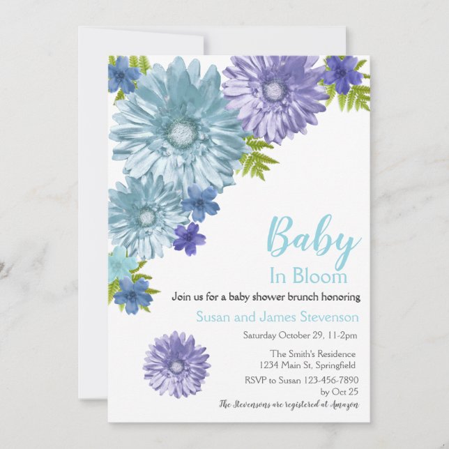 Invitation Bébé Floral Bleu En Fleur Brunch Douche (Devant)