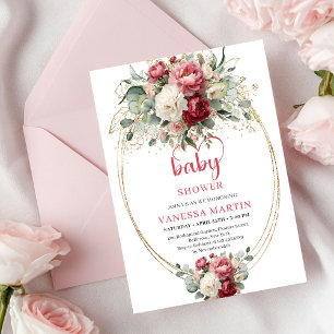 Invitation Bébé floral burgundy bohème chic en or blanc 