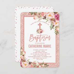 Invitation Bébé floral de baptême d'or rose Girly