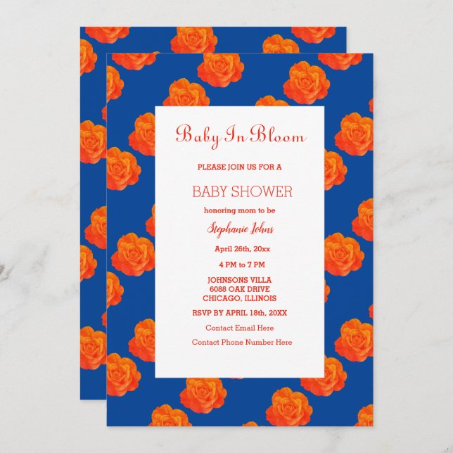 Invitation Bébé Floral En Fleur Baby shower Bleu Marine Orang (Devant / Derrière)