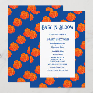 Invitation Bébé floral en fleur Baby shower orange bleu marin