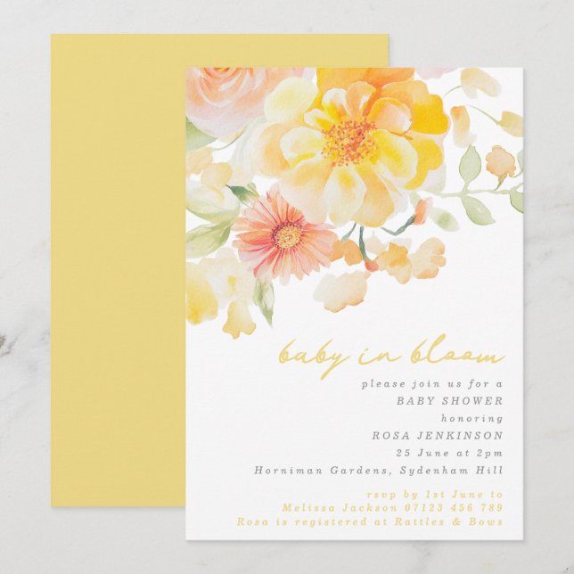 Invitation Bébé floral jaune en fleur Baby shower d'été (Devant / Derrière)