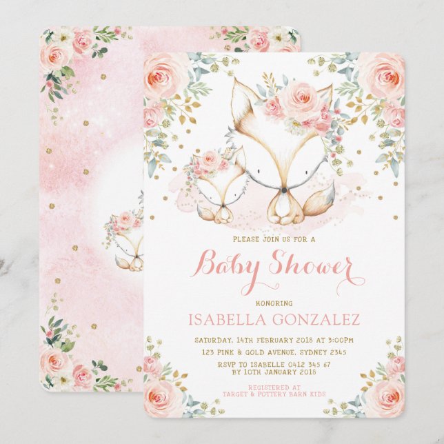 Invitation Bébé Floral Rose Blush Woodland Fox Girl Douche da (Devant / Derrière)