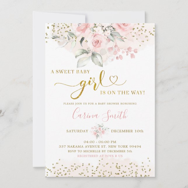 Invitation Bébé Floral Rose Vive Sur Le Chemin Baby shower (Devant)