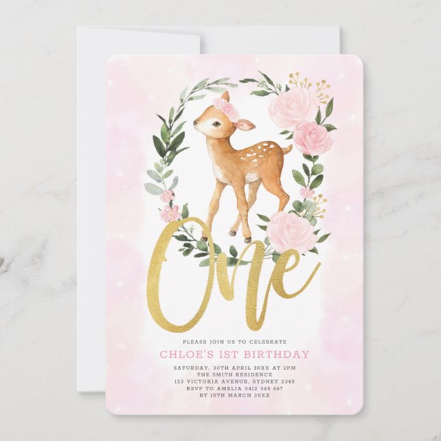 Invitation Bébé floral rousse Cerf Fille de la face 1er anniv (Devant)