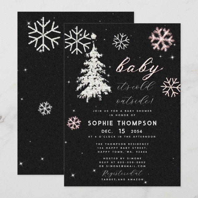 Invitation Bébé Froid Hors Rhinestones Arbre Fille Douche (Devant / Derrière)