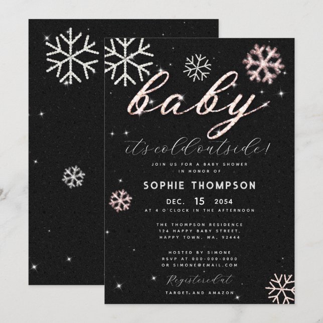 Invitation Bébé Froid Hors Rhinestones Roses Fille Douche (Devant / Derrière)