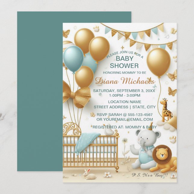 Invitation Bébé Garçon Ballons d'or et jouets (Devant / Derrière)