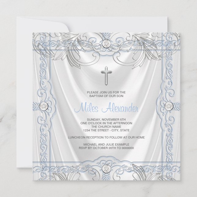 Invitation Bébé garçon bleu argenté baptême satin blanc (Devant)