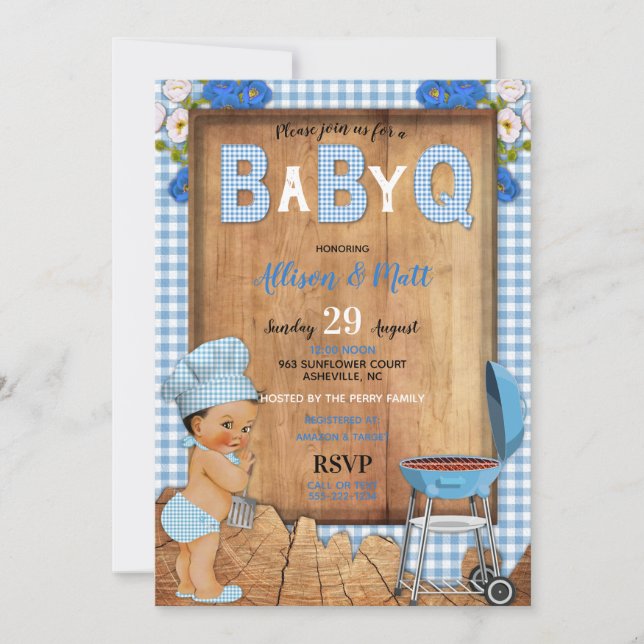 Invitation Bébé Garçon Bleu En vichy Fleurs de bois Bébé Q Ba (Devant)