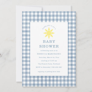 Invitation Bébé garçon bleu soleil jaune gingham Baby Shower